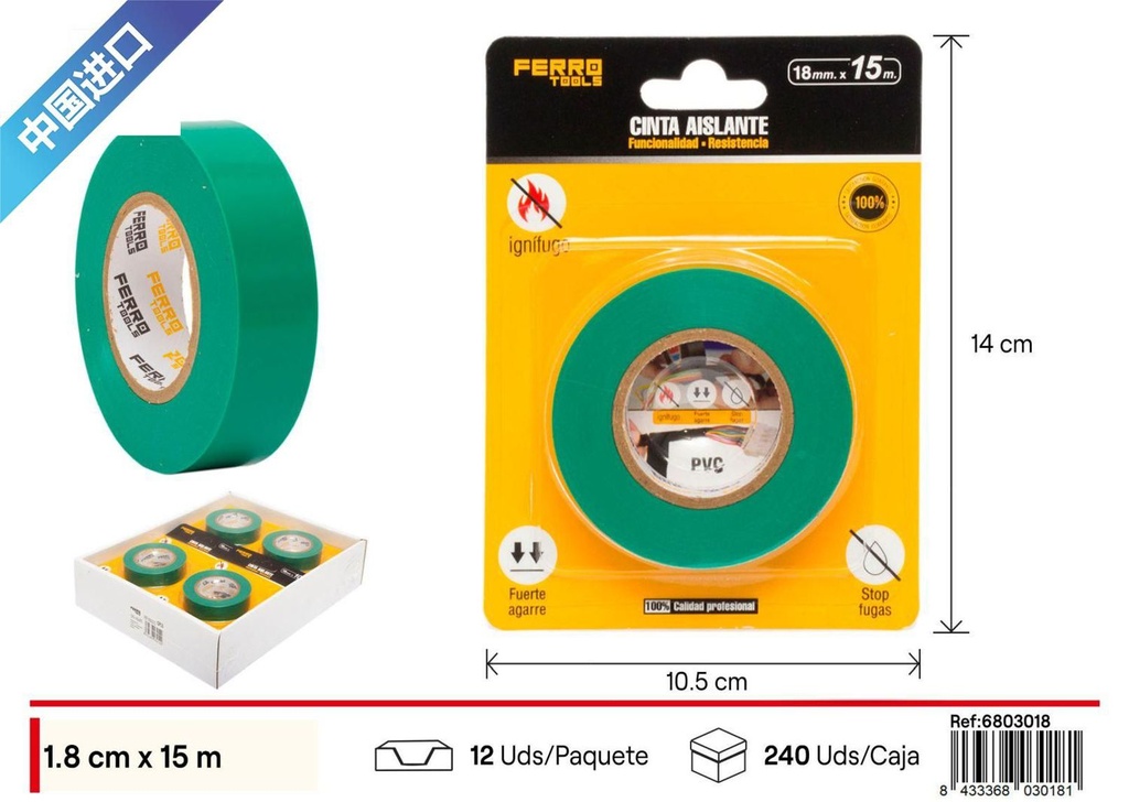 Cinta aislante antiflama verde 18mm x 15m - Herramientas y adhesivos