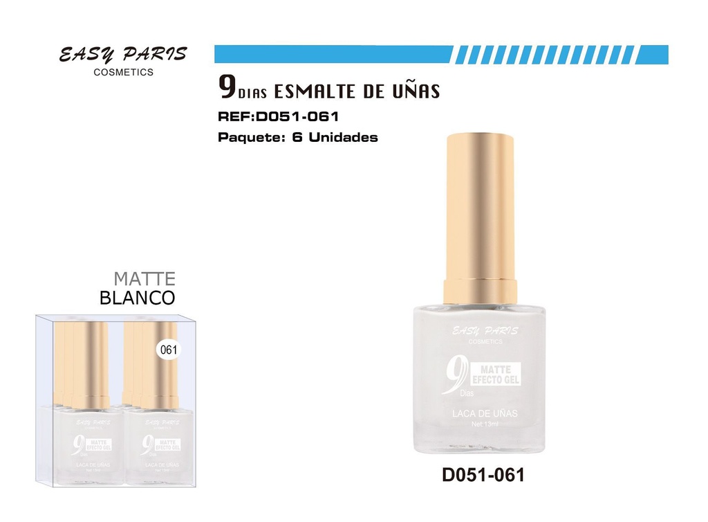 Laca de Uñas 9 Días Blanco Mate 6/u - Esmaltes de uñas