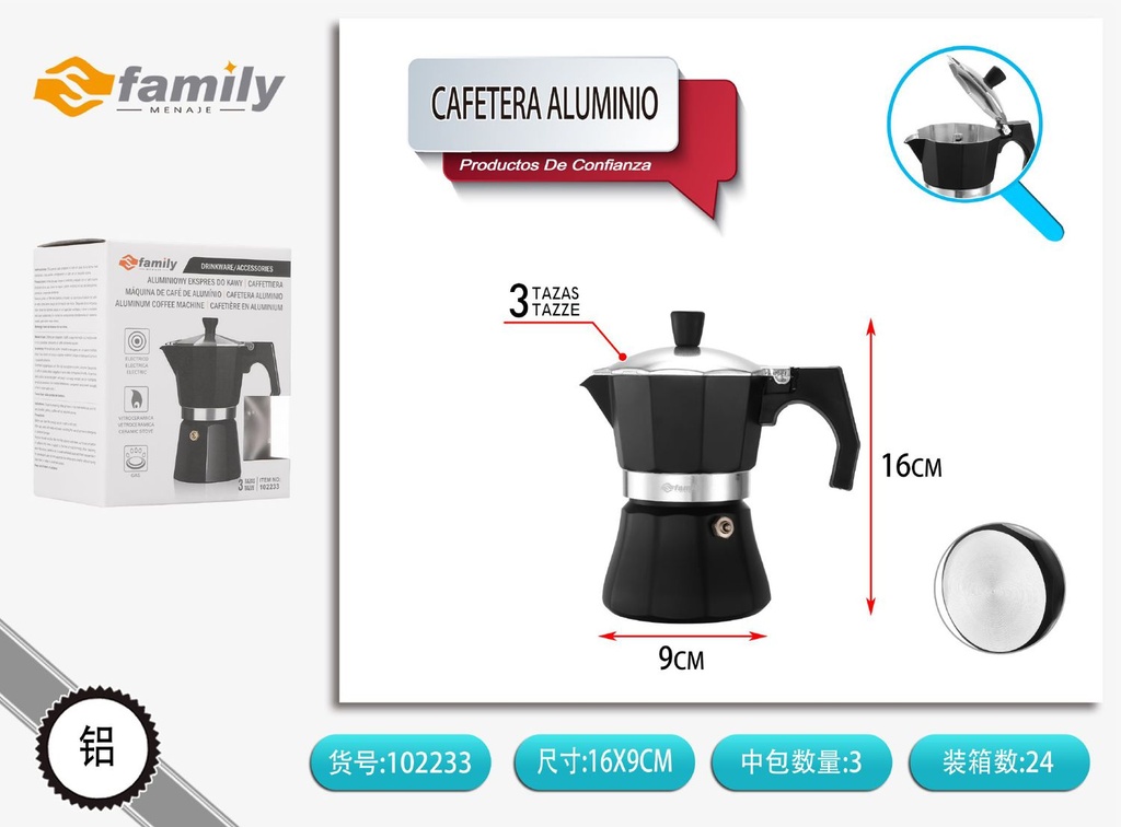 Cafetera de aluminio negra KPG-3 - Utensilios de cocina