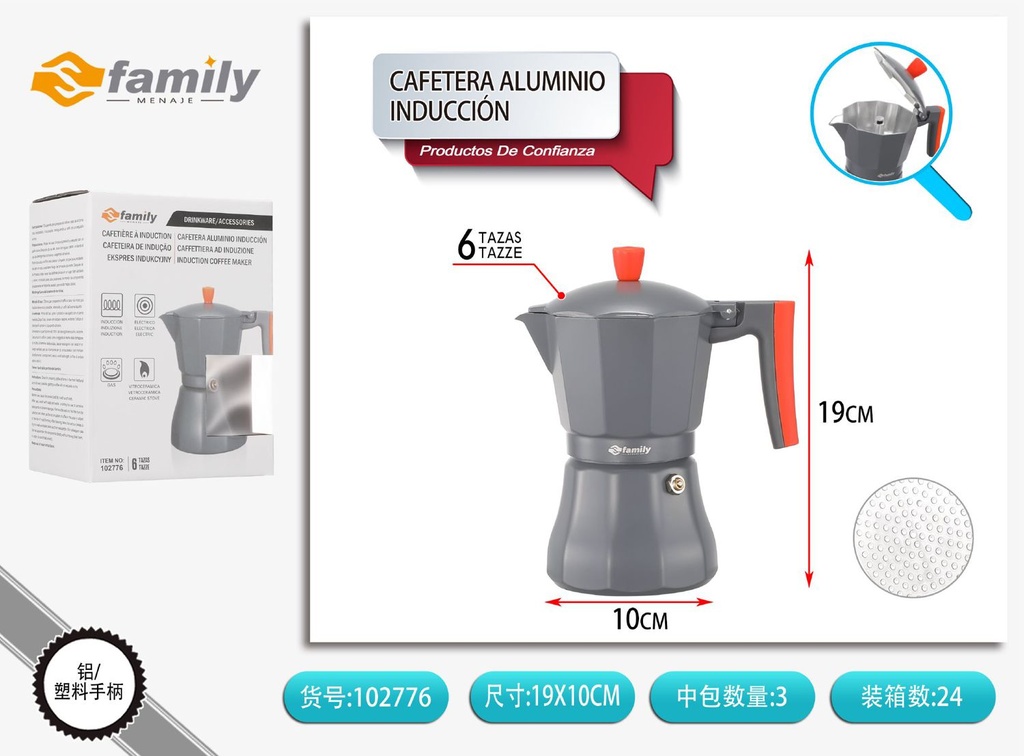 Cafetera de aluminio 6 tazas apta para inducción - Utensilios de cocina