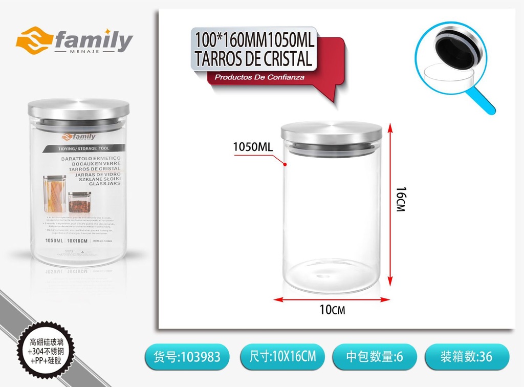 Tarros de cristal con tapa 100x160mm 1050ml - Almacenamiento y frascos para cocina