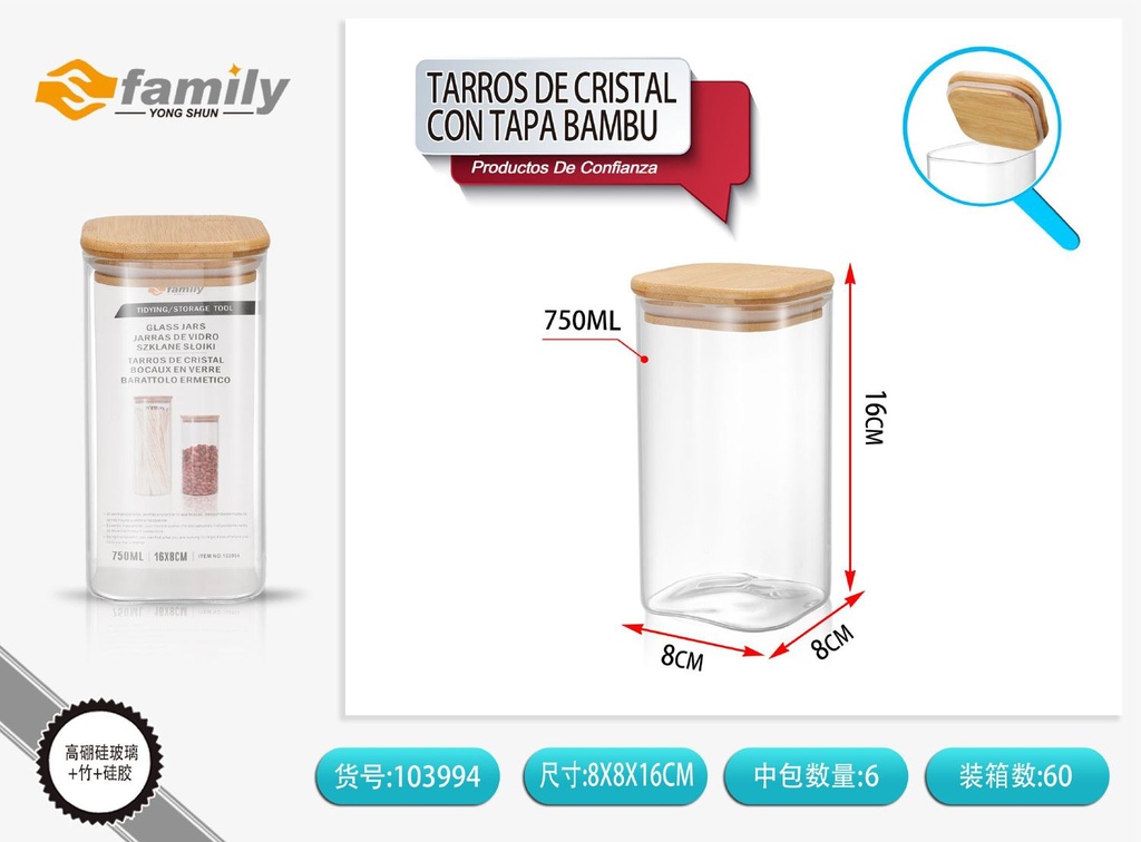 Tarros de cristal con tapa de bambú 8*16 cm 750 ml - Almacenamiento