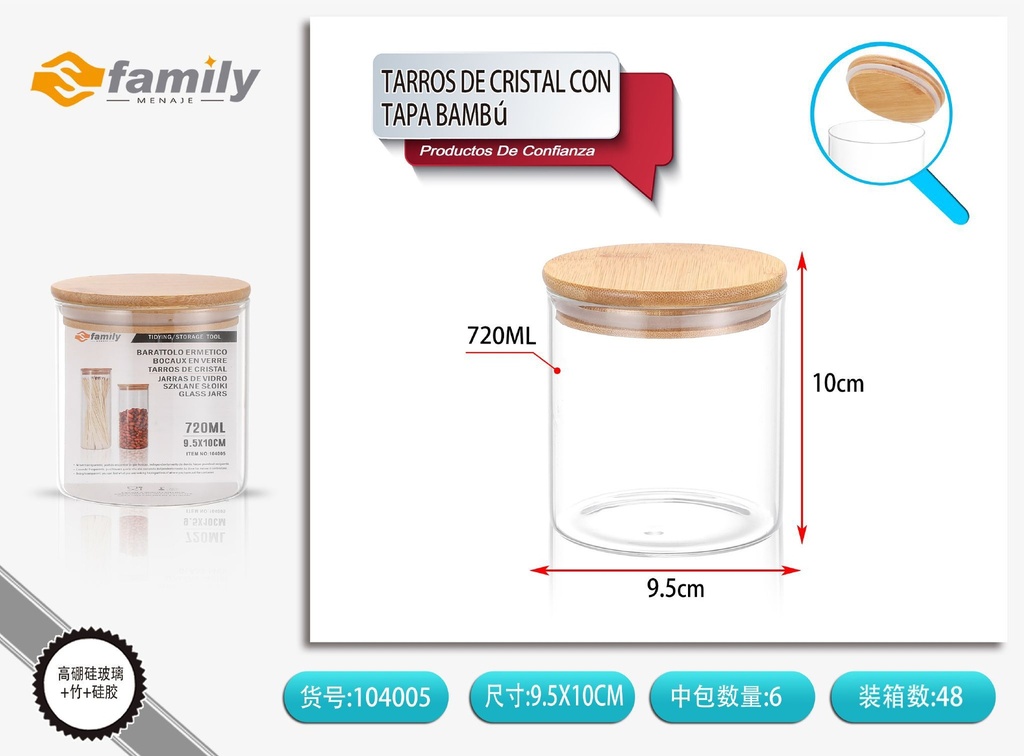 Tarros de cristal con tapa de bambú 100*110 mm 720 ML - Almacenamiento de alimentos