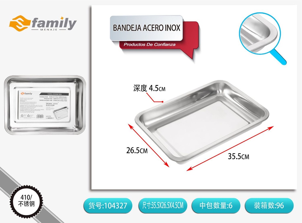 Bandeja de acero inoxidable con borde magnético 36*27*4.8 cm - Utensilios y bandejas para servir