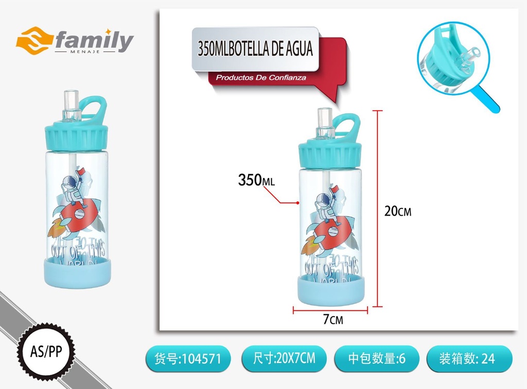 Botella de agua 350ml con tapa y pajita - Accesorios de bebida