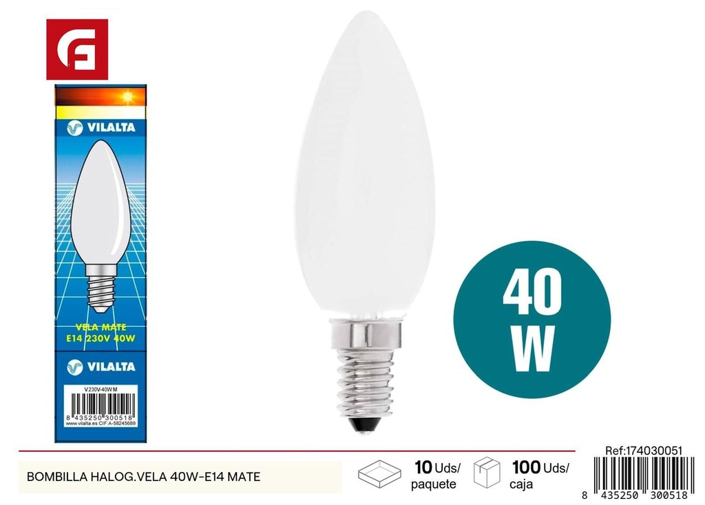 Bombilla Halógena Vela 40W-E14 Mate - Bombilla de luz halógena