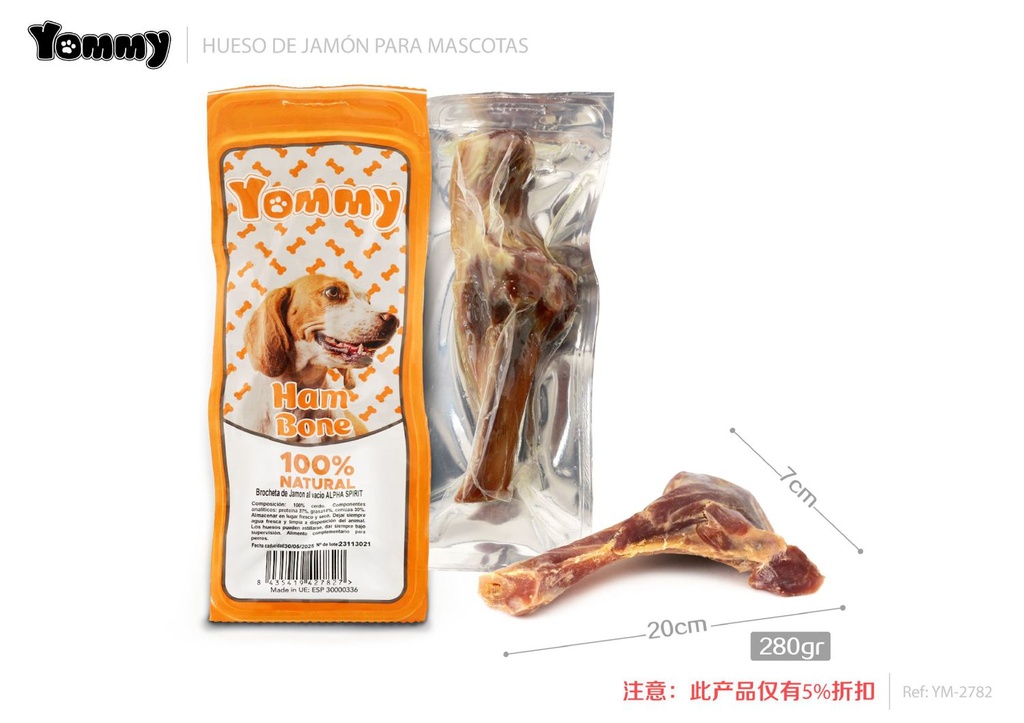 Alimento hueso de jamón con brocheta 20*7 CM 280GR - Golosinas para perros 