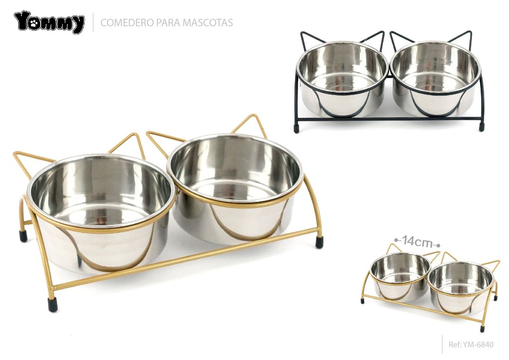 Comedero doble de acero con soporte 14cm - Utensilios para mascotas