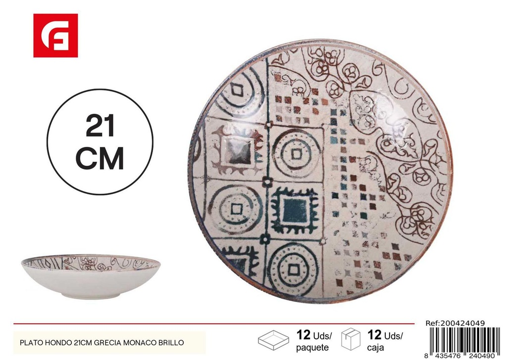 Plato hondo de cerámica 21 cm Grecia Monaco Brillo - Vajilla