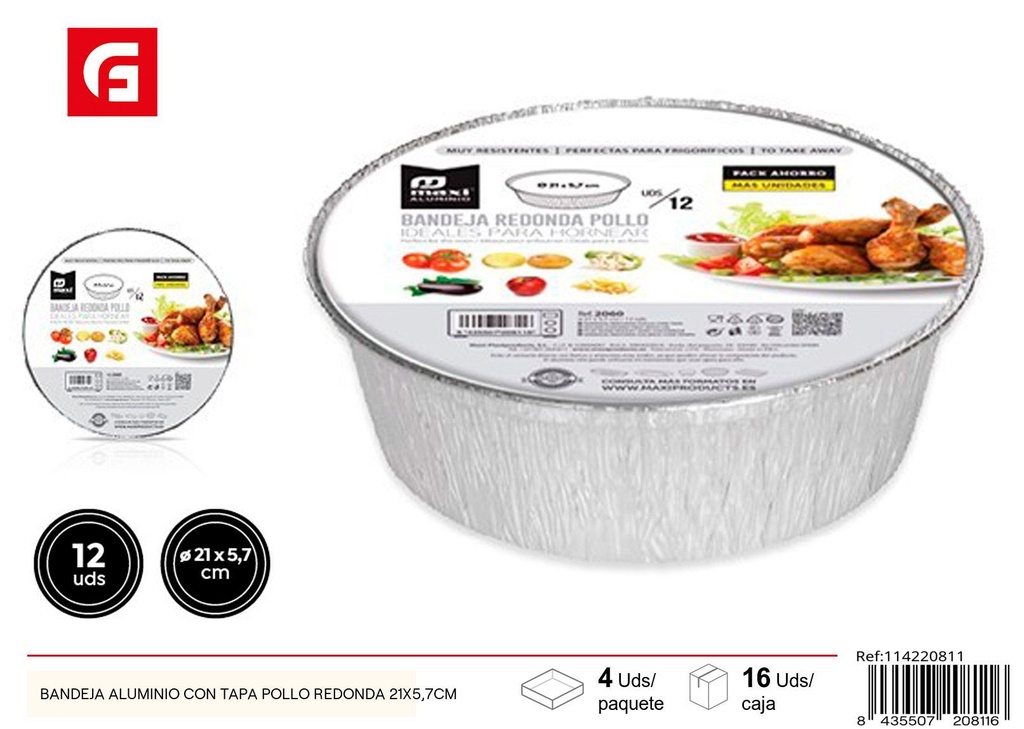 Bandeja redonda de aluminio con tapa para pollo Ø21X5.7CM - Desechables