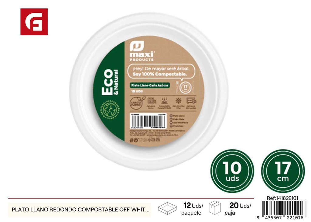 Plato llano redondo compostable off white postre - Utensilios desechables