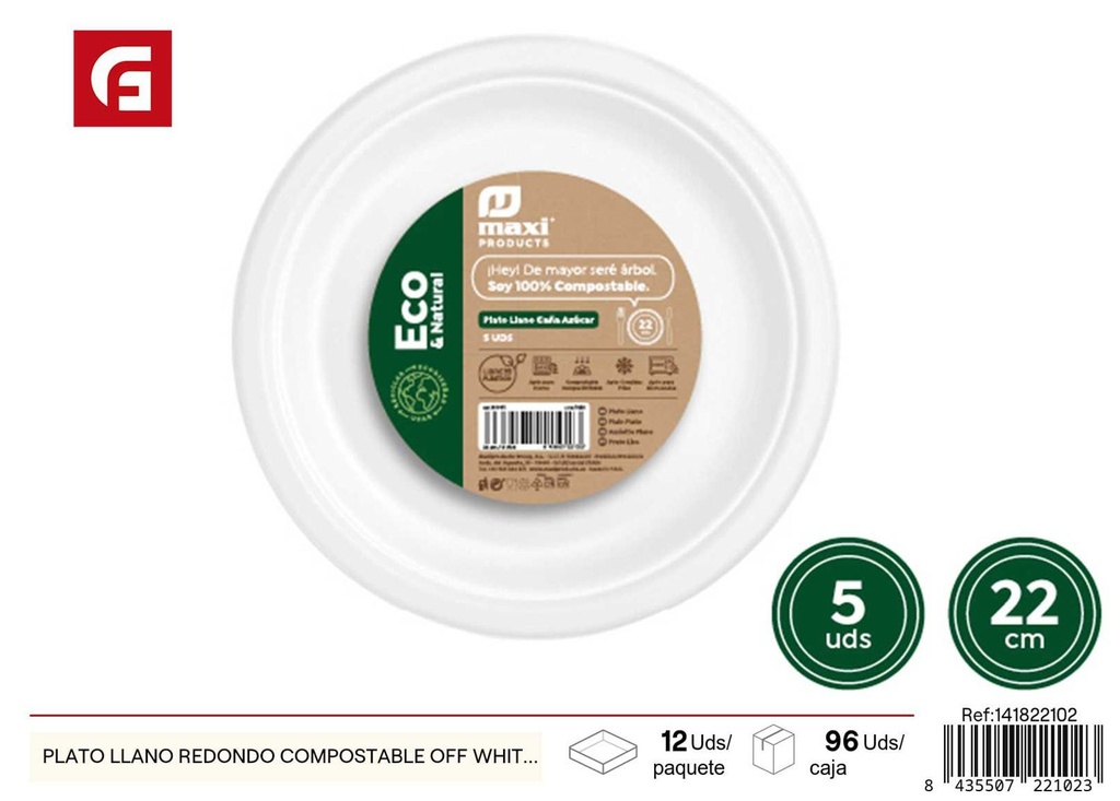 Plato llano redondo compostable off white 22 cm - Utensilios desechables