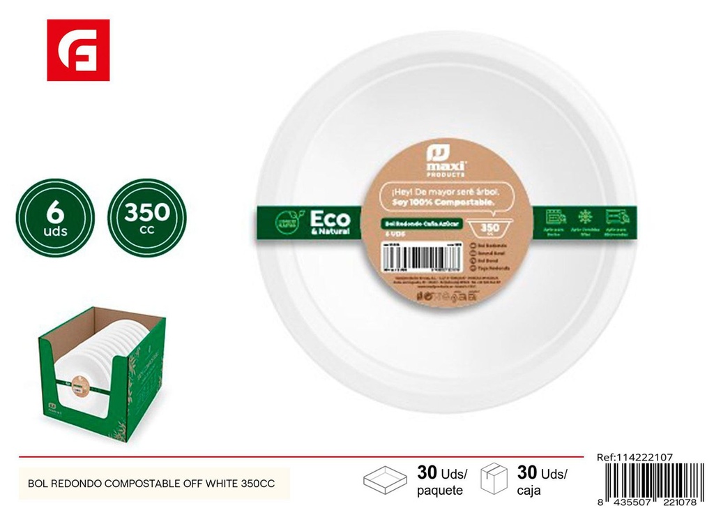  Bol redondo compostable off white 350CC - Desechables