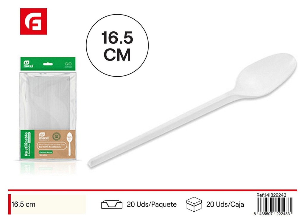 Cuchara blanca reutilizable 16.5cm 100uds - Cubiertos desechables