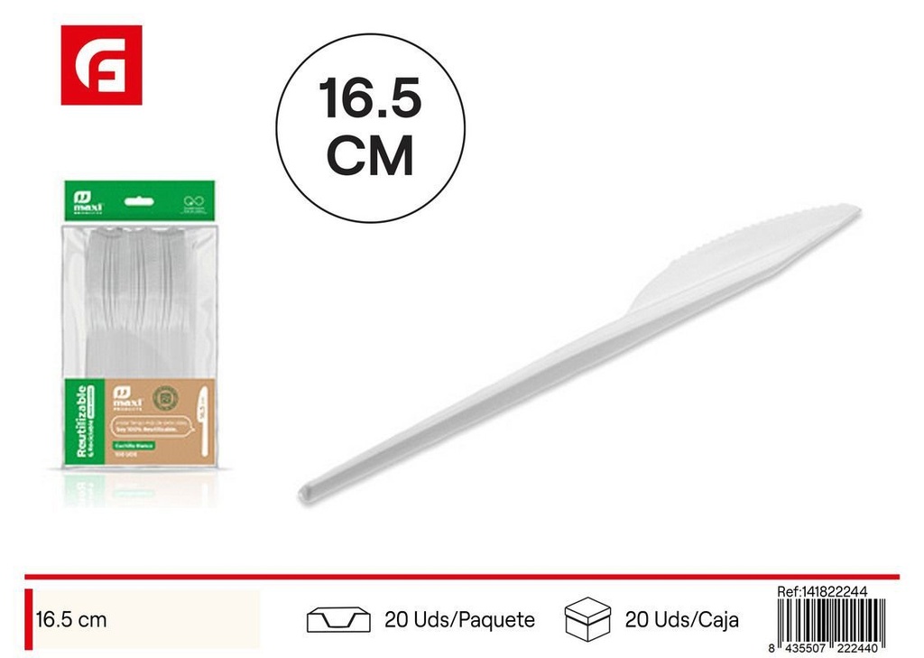 Cuchillo blanco reutilizable 16.5cm 100pz - Utensilios desechables