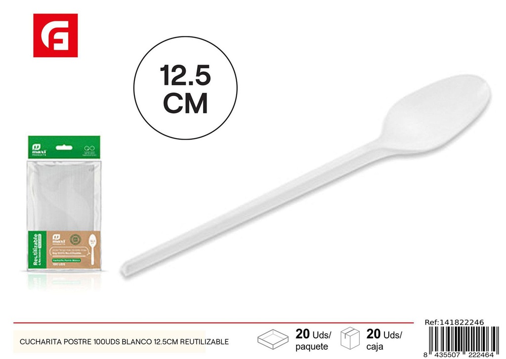 Cucharita postre blanca reutilizable 12.5 cm - Utensilios desechables