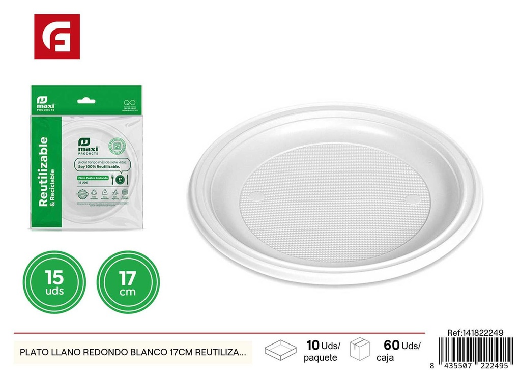 Plato llano redondo blanco 17cm reutilizable para fiestas y eventos