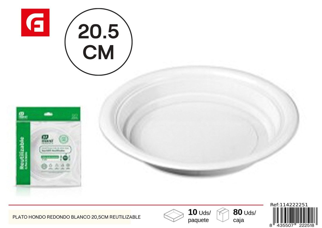 Plato hondo redondo blanco 20.5 cm reutilizable - Artículos desechables