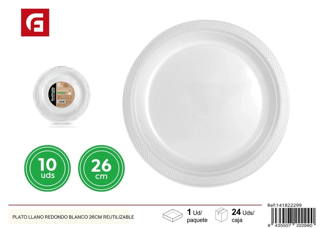 Plato llano redondo blanco 26cm reutilizable - Platos desechables