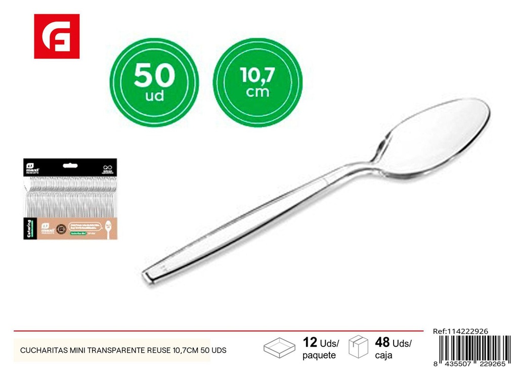 Cucharitas mini reutilizables transparentes 10.7 cm 50 uds - Utensilios desechables