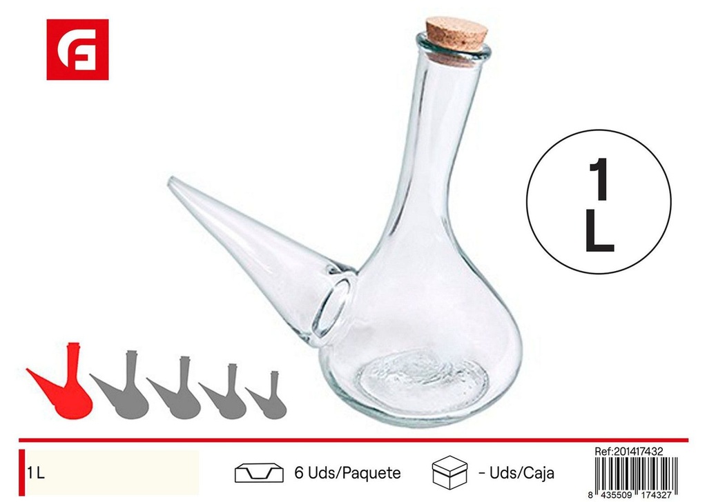 Porron de cristal con tapón de corcho 1L - Botella de vidrio