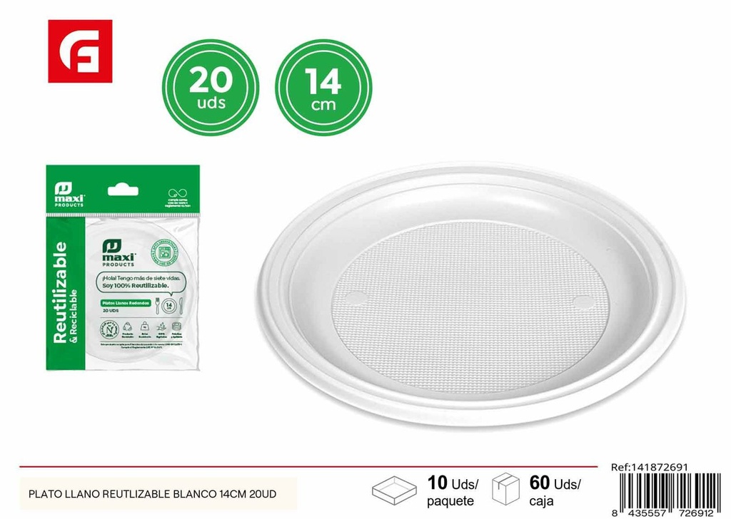 Plato llano reutilizable blanco 14 cm (20 unidades) - Platos desechables y cubiertos