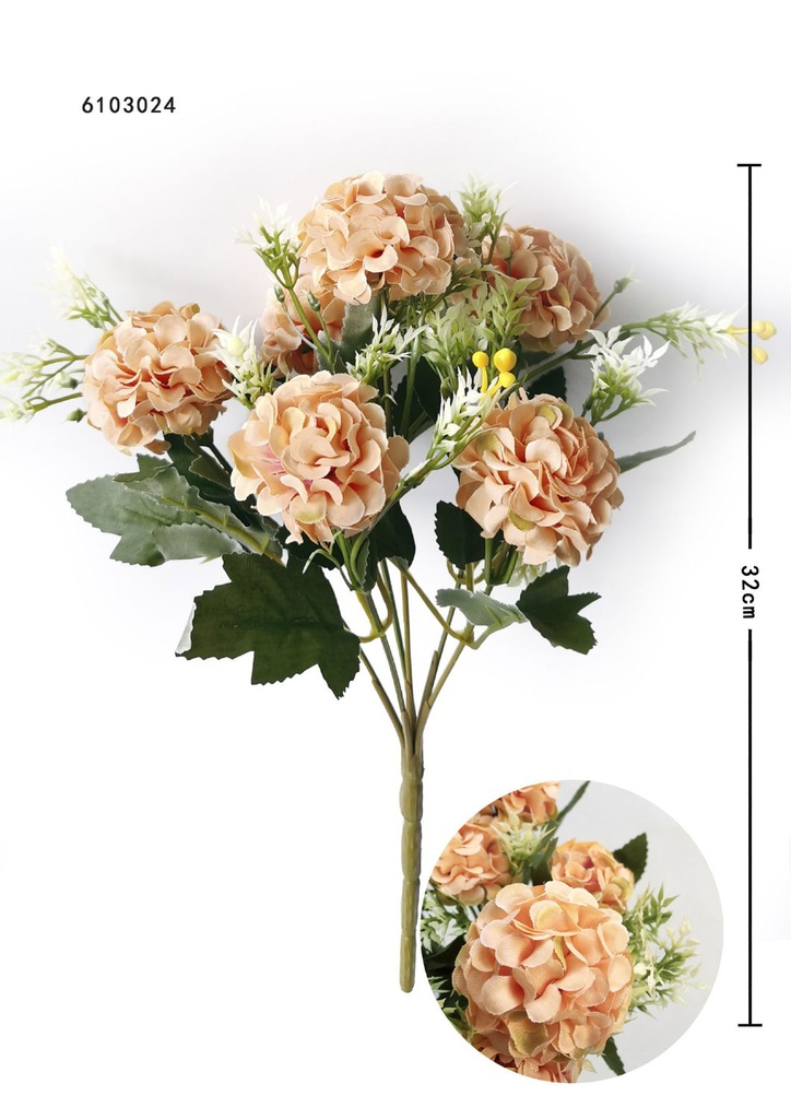 Flores artificiales pequeñas 6 ramas con 6 cabezas 30x36cm