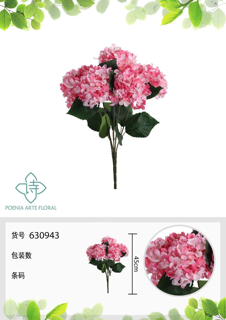 Ramo de hortensias artificial 5 bifurcaciones - Adorno floral