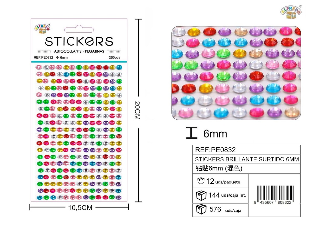 Pegatinas brillantes surtidas 6 mm, 260 piezas 10 x 20 cm - Decoración