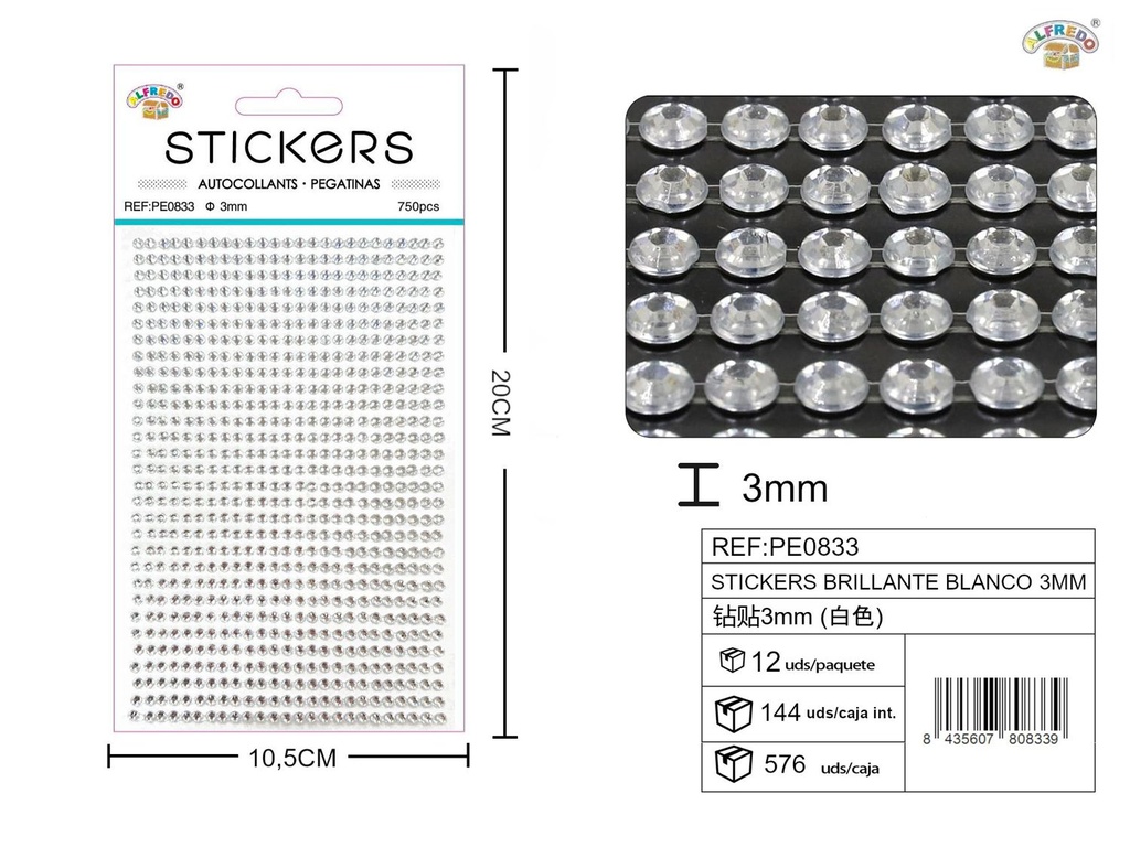 Pegatinas brillantes blancas 3 mm, 750 piezas 10 x 20 cm - Decoración