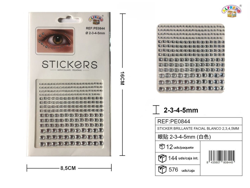 Sticker brillante facial blanco 2,3,4,5mm 8.5x16cm para maquillaje