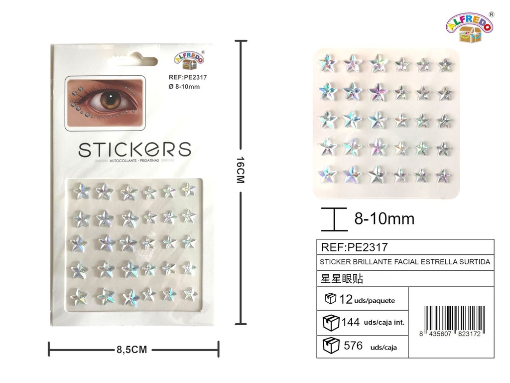 Sticker brillante facial estrella surtida 8.5x16 cm - Decoraciones faciales