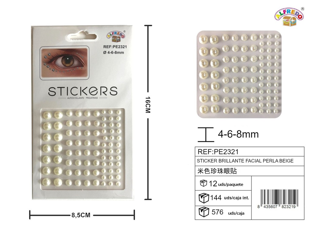Sticker brillante facial perla beige 4,6,8mm 8.5x16 cm - Decoraciones faciales