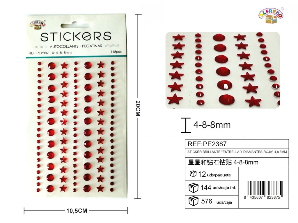 Sticker Brillante "Estrella y Diamantes Roja" 4.8,8mm-118pcs 10.5x20 cm - Adorno de diamantes y perlas