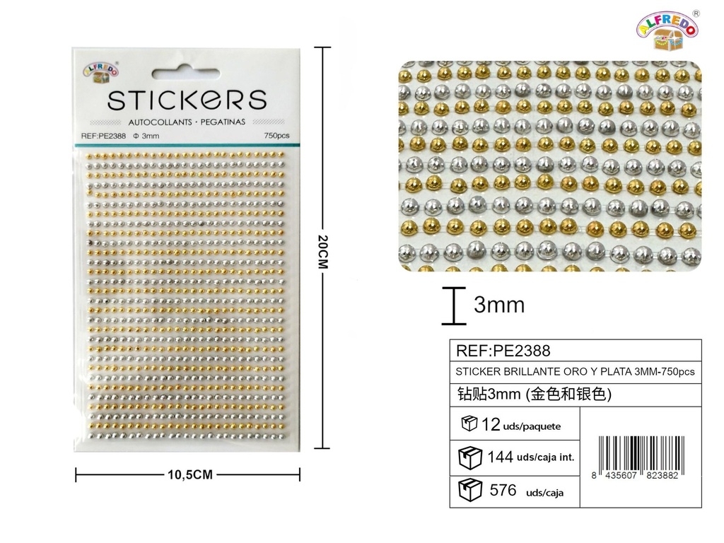 Sticker Brillante Oro y Plata 3mm-750pcs 10.5x20 cm - Adorno de diamantes y perlas