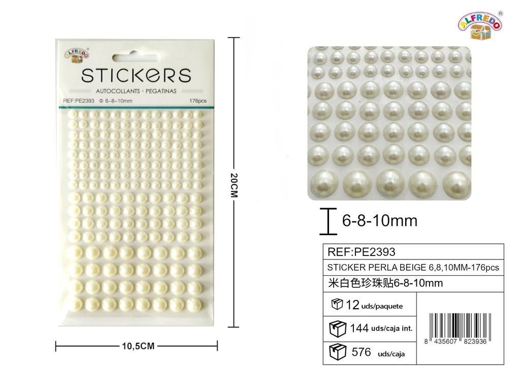 Sticker Perla Beige 6,8,10mm-176pcs 10.5x20 cm - Adorno de diamantes y perlas