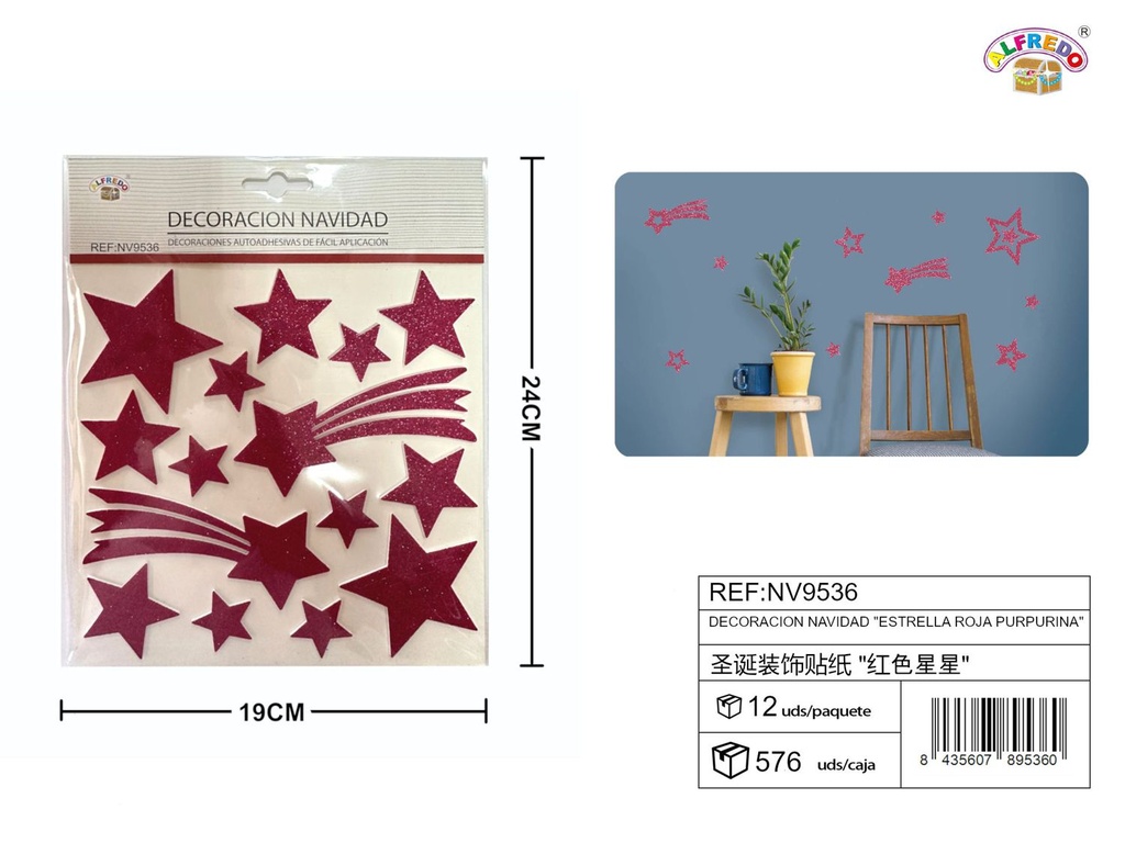 Decoración navidad "estrella roja purpurina" 19x24 cm - Adornos navideños