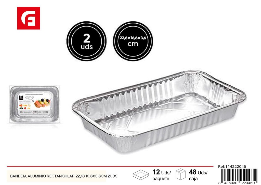 Bandeja de aluminio rectangular 22.6x16.6x3.6 cm 2UD - Utensilios desechables