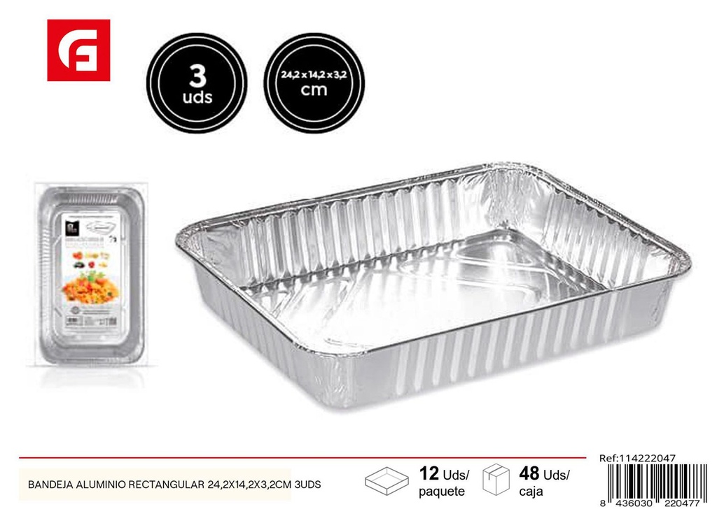 Bandeja rectangular de aluminio 24.2X14.2X3.2 cm 3 uds - Artículos desechables