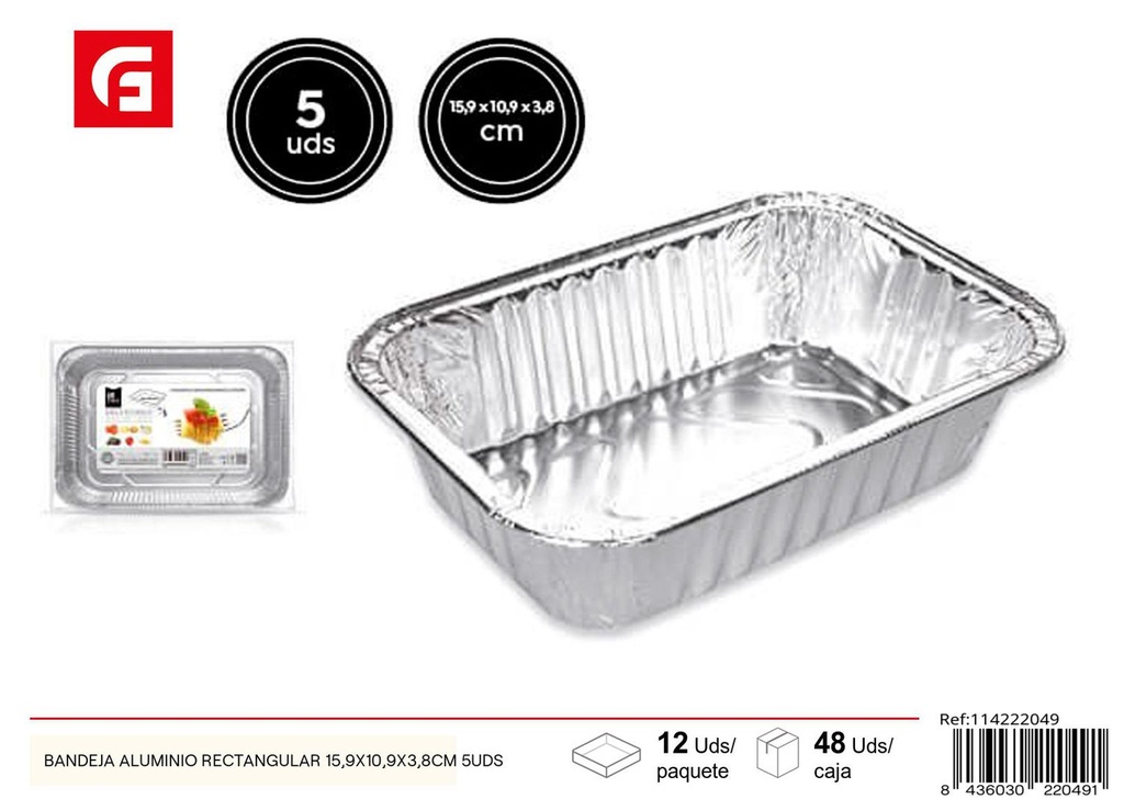 Bandeja rectangular de aluminio 15.9x10.9x3.8cm 5 unidades - Utensilios desechables