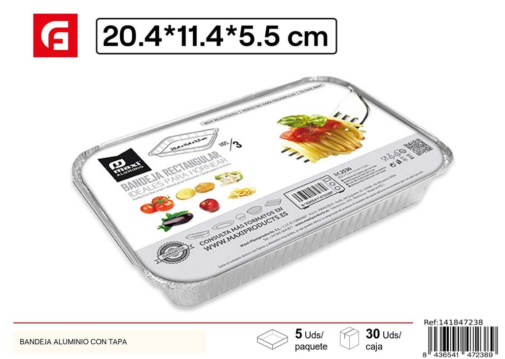Bandeja de aluminio rectangular con tapa 20.4x11.4x5 cm - Utensilios desechables