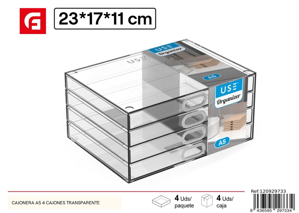 Cajonera de plástico A5, 4 cajones, transparente - Organizadores de maquillaje