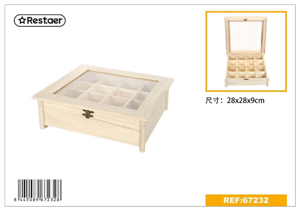 Caja de madera cuadrada con ventana 28x28x9cm