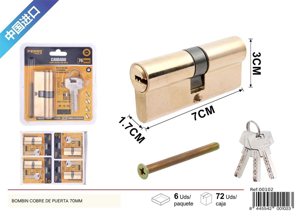 Bombín de cobre para puerta 70 mm - Ferretería y herrajes