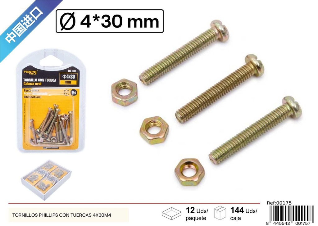 Tornillos Phillips con tuercas 4*30 mm + M4 - Herrajes y accesorios