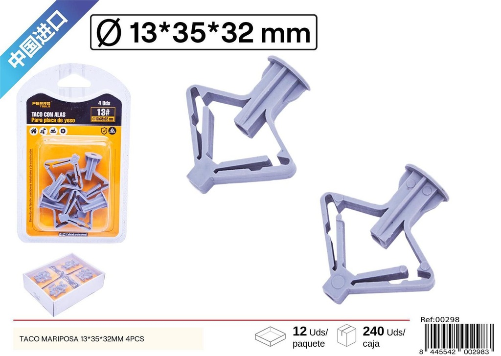 Taco mariposa 13 x 35 x 32 mm 4 pcs - Accesorios de ferretería