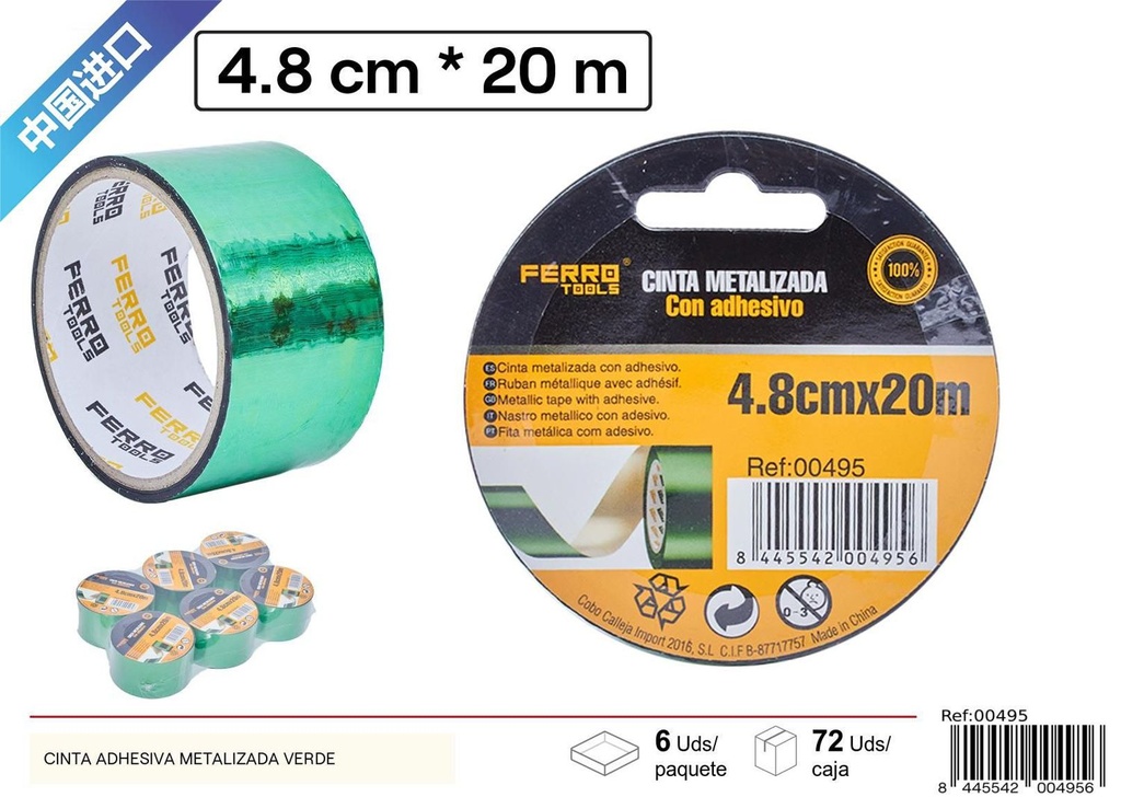 Cinta adhesiva metalizada verde 4.8*20 m - Ferretería y herramientas