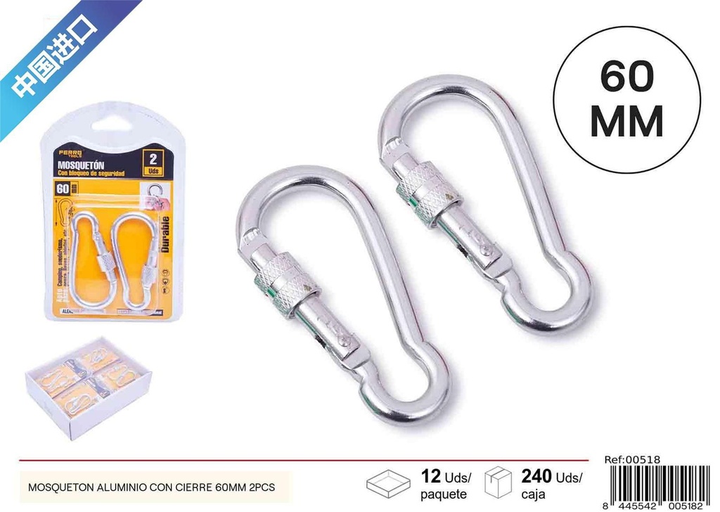 Mosquetón de aluminio con cierre (set de 2) 60 mm - Accesorios de ferretería