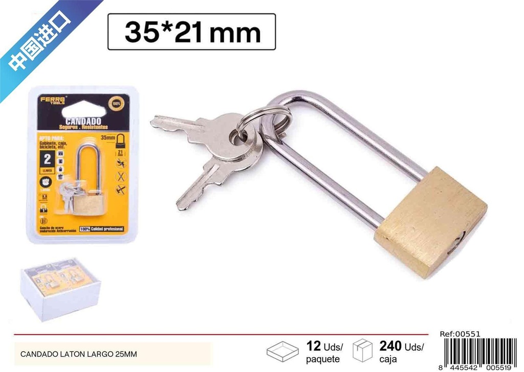 Candado de latón largo 25 mm - Accesorios de ferretería