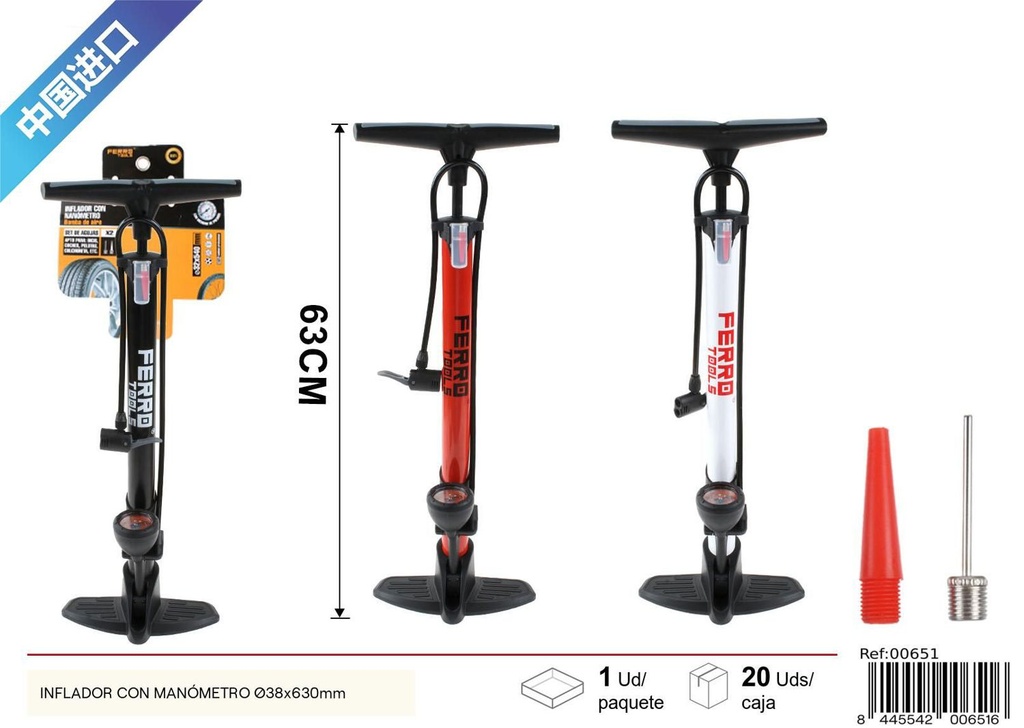Inflador con manómetro Ø38x630mm - Accesorios de bicicletas